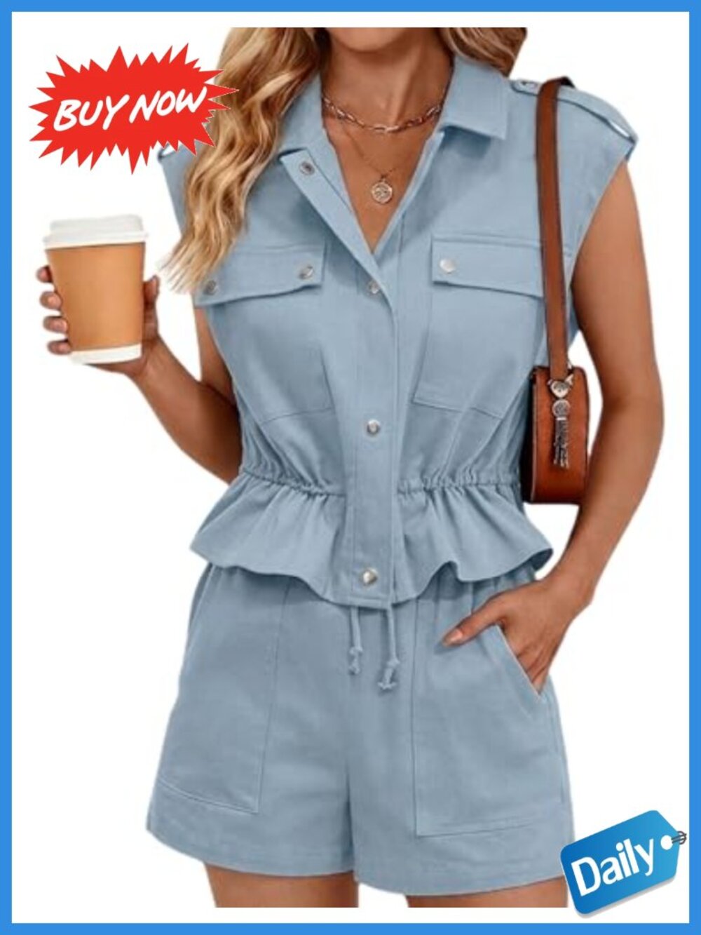 Womens Cotton Button Down Peplum Top and High Waisted Shorts Set Summer
